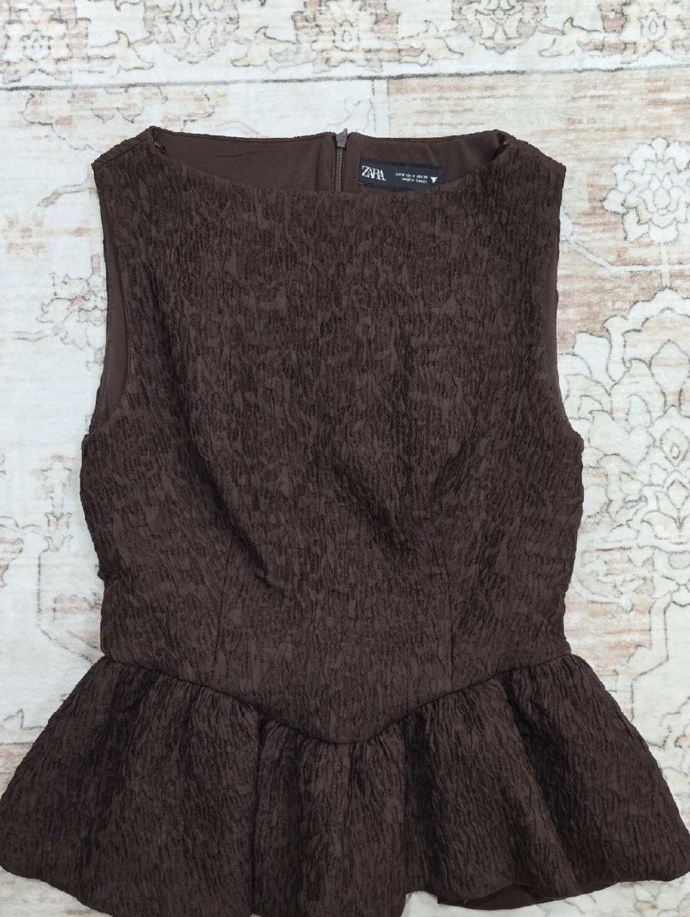 ZARA Brown Textured Peplum Sleeveless Top